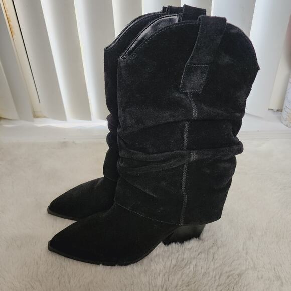 NEW Nine West Wilton Black Suede Leather Slouchy Block Heel Point Toe Dress Boot - Picture 5 of 9